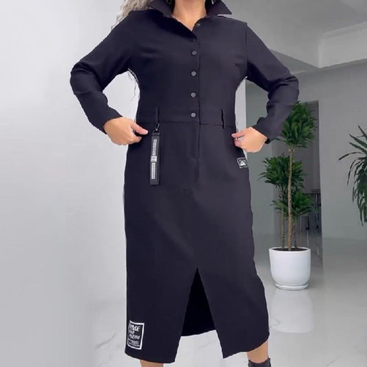 ❤️🔥 49 % rabatt🔥Langermet knappekjole med slisser for kvinner