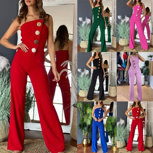 🛍️Sleeveless Jumpsuit med vide ben og pyntede knapper🎉