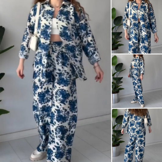 🌸Vårtilbud🌸 Trykt sett med reversskjorte og bukser med vide ben