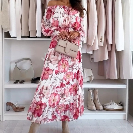 🌷❤️🔥Todelt sett med blomstermønster: bluse uten skuldre og maxiskjørt