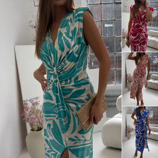 🌺 2025 Sommernyheter 👗Ermeløs kjole med trykk og spalte✨