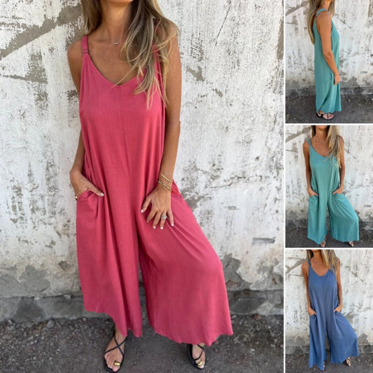 Jumpsuit i bomulls- og linblanding med lommer og justerbare stropper