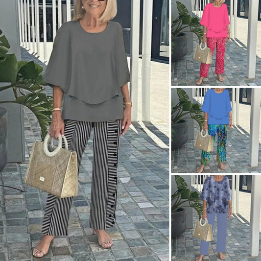 ✨Avslappet rundhalset, halvermet topp med trykte bukser for kvinner