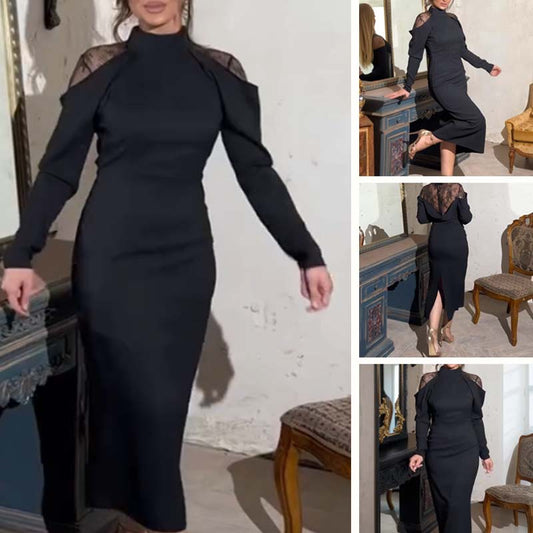 Elegant midi-kjole for damer med stående krage og blondedetaljer på ryggen