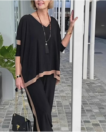 🎁 Varmt salg til halv pris⏳ V-hals lappeteppe med syvkvart ermer todelt sett