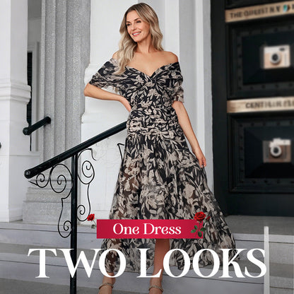 💖 Kvinners off-the-shoulder V-hals kjole med trykk