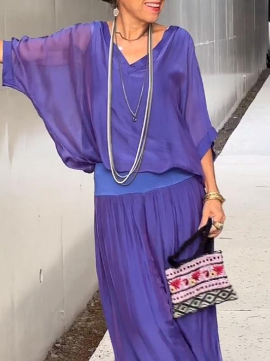 💐✨Elegant chiffon vidbent bukse to-delt sett