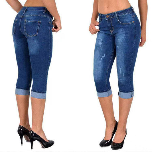 Rippede capris-jeans med opprullet kant