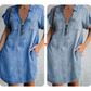 Casual denimskjortekjole for kvinner – løs passform, revers, korte ermer, glidelås og lommer