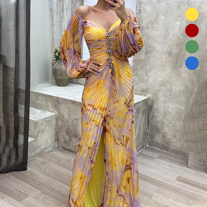 Stroppeløs plissert kjole i blandede farger for kvinner