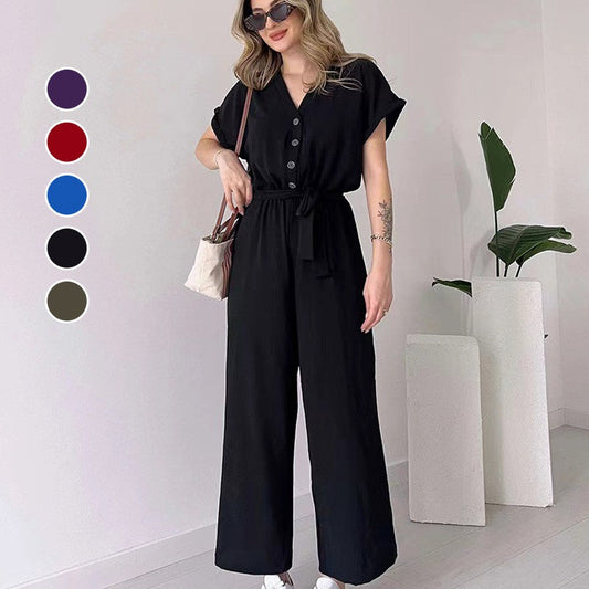 【Høyere kvalitet】💖 V-hals kort ermet casual jumpsuit for kvinner