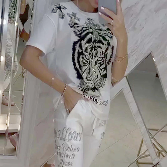 🔥Hot Sale 50% Rabatt🔥Uformelt trykt topp med snøring og bukser, 2-delt sett