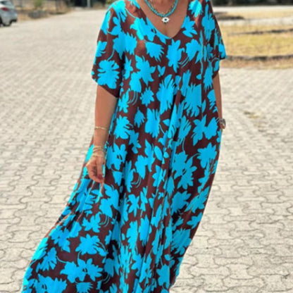 💕 Lang kjole med V-hals og løst trykk for damer