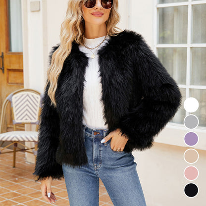 ✨Nye produkter i én uke ✨【50 % rabatt + gratis frakt】Toca kort damejakke i fuskepels i ensfarget skinn