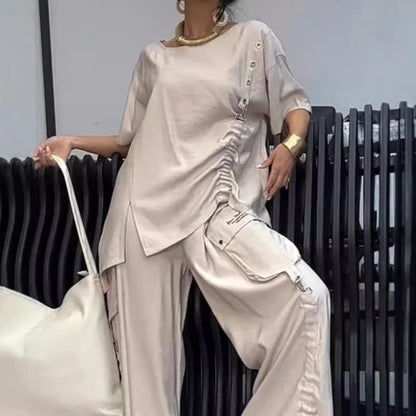 Todelt dress for kvinner med t-skjorte med rund hals og bukse