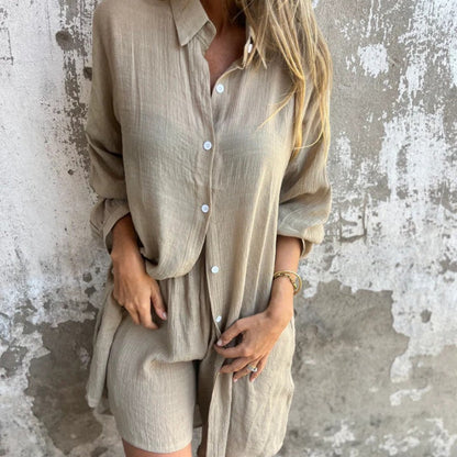 💖Bomullsshorts i lin med lange ermer, todelt sett