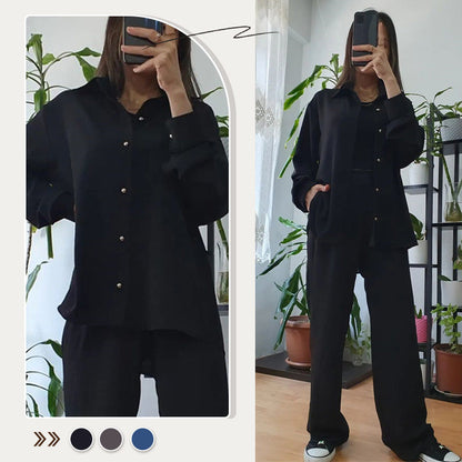 ✨ Uformelt sett med ensfarget skjorte og bukser med vide ben for kvinner 🏃‍♀️