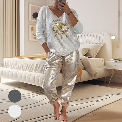 Hot 2025 Todelt sett for kvinner: Devil's Eye Gold Foil Top og paljettbukse