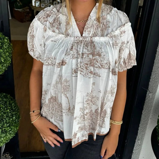 V-halsbluse med trykk for kvinner
