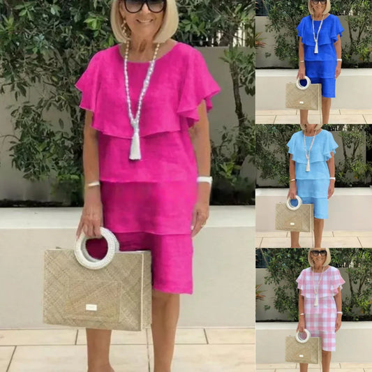 Korte ermer knelang chiffon kjole med volang detaljer