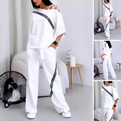 🔥kvinners stripete kortermede topper og bukser todelt sett