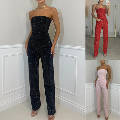 ✨ 2-delt sett med glittertopp og -bukse til dame