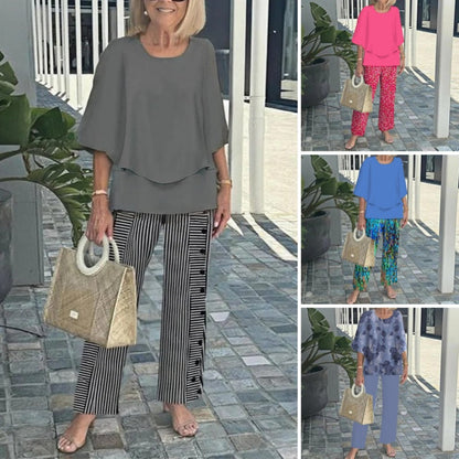 ✨Avslappet rundhalset, halvermet topp med trykte bukser for kvinner