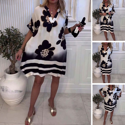 🌸2025 Ny mote🌸 Damer med trykte, løse kjoler med dyp V-hal