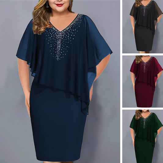 🔥Cape-kjole med V-hals, rhinestones og chiffongoverlegg