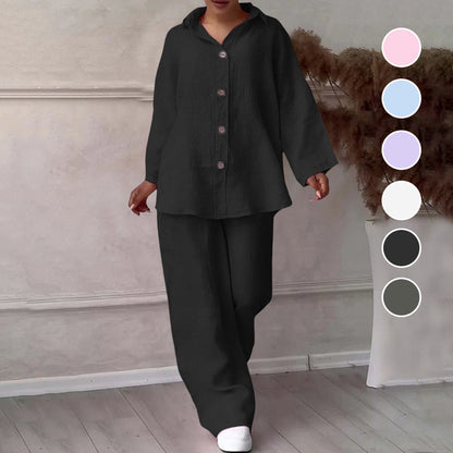 Skjorte med lange ermer og revers og bukse med vide ben Todelt sett laget av bomull og lin