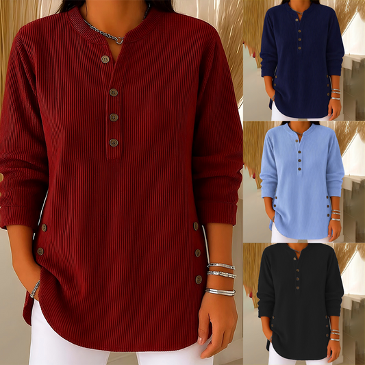 Kvinners Henley-topper i corduroy med knapper