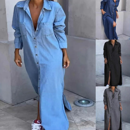 Kvinners knappeskjorte i silt denim, maxi-kjole