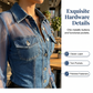 Dametopp i denim med patchwork-mønster i mesh