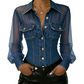 Dametopp i denim med patchwork-mønster i mesh