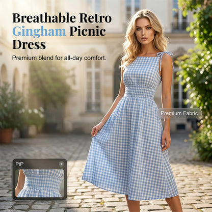 ⏳50 % rabatt i en begrenset periode⏰Retro, ermeløs midikjole i gingham-mønster for damer👗🏁