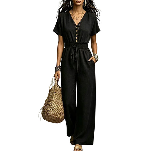 Jumpsuit med V-hals og figursydd midje for kvinner