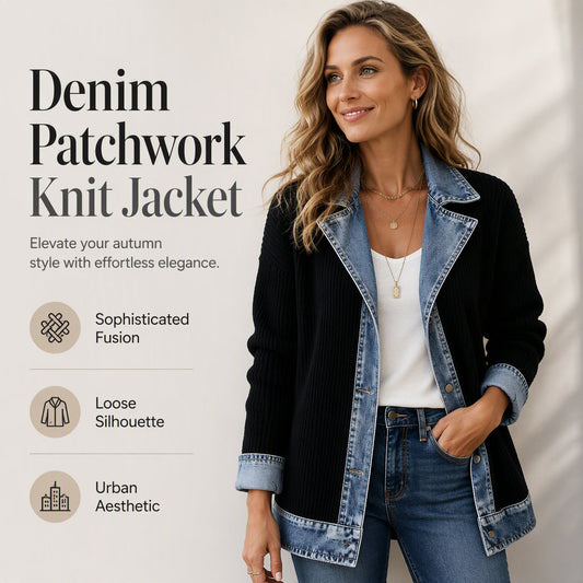 Elegant damekåpe i denim med ribbestrikket innsats