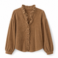 Dame vintage bluse i cordfløyel med volangkrage og lange lanternermer