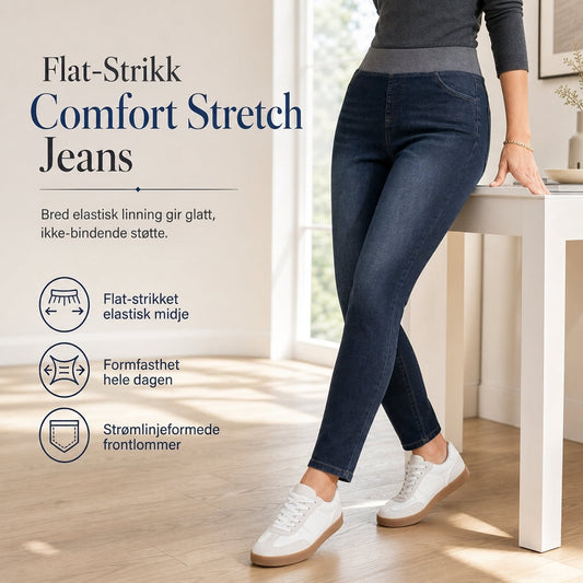Mørkvaskede jeans for kvinner med høy midje, slim fit og bred elastisk linning, med trekk-på-design