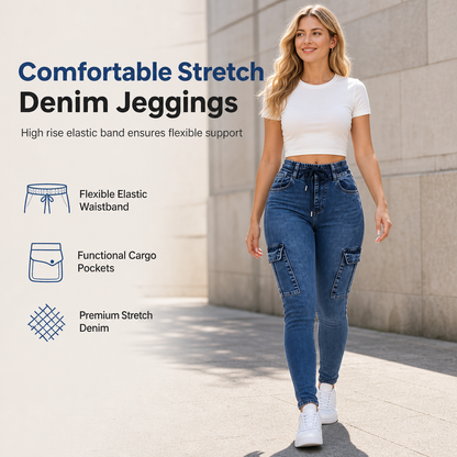 Jeggings for kvinner med høy midje, elastisk snøring, cargo-stil og smal passform i denim